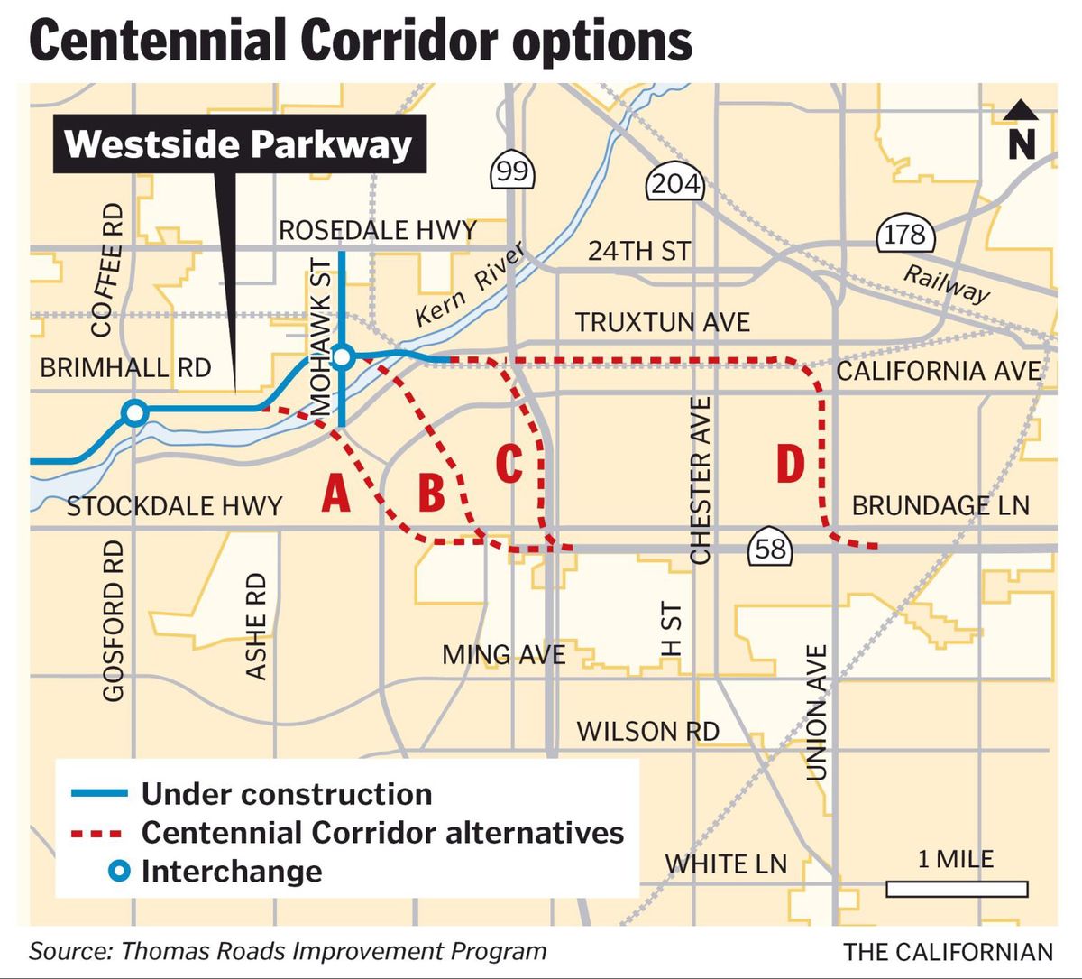 The alignments Caltrans studied for the Centennial Corridor, courtesy of the Bakersfield Californian.