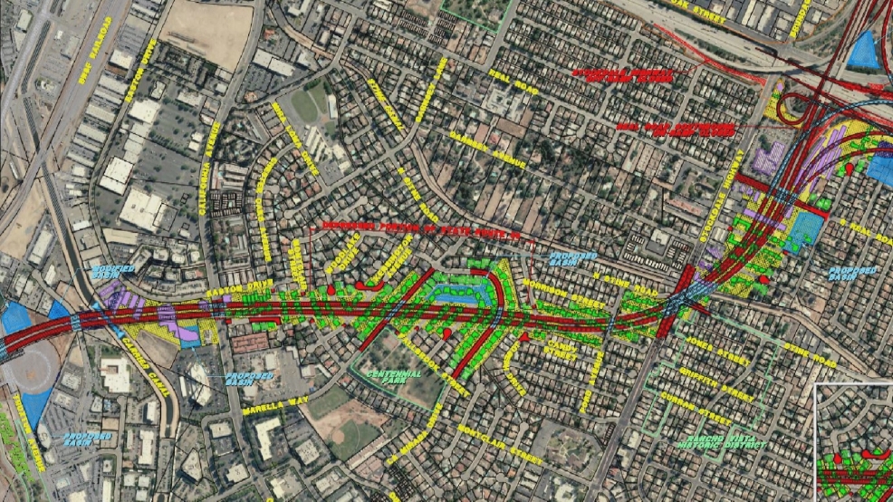 The footprint of the Centennial Corridor and the Westpark properties slated for demolition.